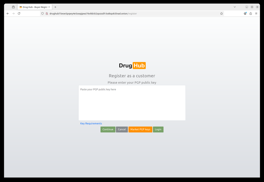 DrugHub registration page with PGP key field